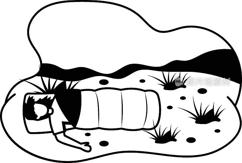Hikers Man放松在睡袋概念，冒险铺盖矢量颜色图标设计，户外周末活动符号，旅游假期场景标志，放松人在假期股票插图